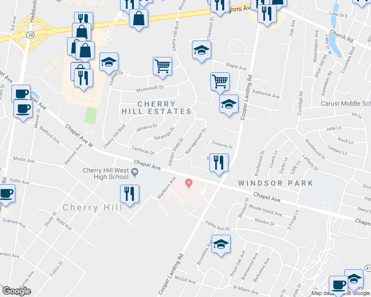 map of restaurants, bars, coffee shops, grocery stores, and more near 421 Narragansett Drive in Cherry Hill