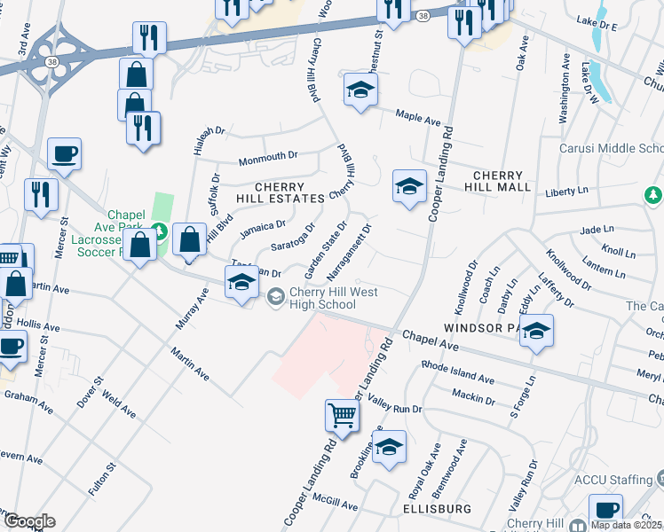 map of restaurants, bars, coffee shops, grocery stores, and more near 421 Narragansett Drive in Cherry Hill