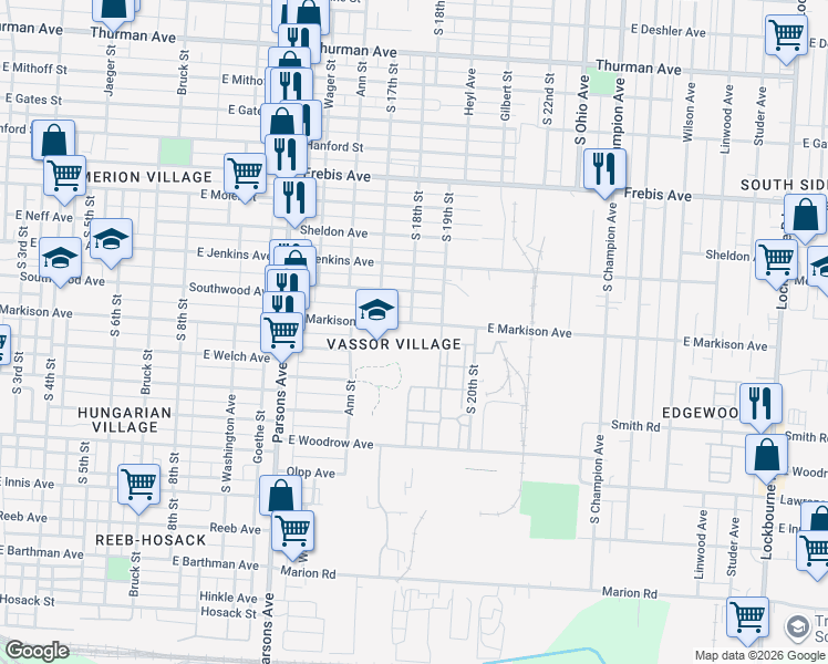 map of restaurants, bars, coffee shops, grocery stores, and more near 1666 South 18th Street in Columbus
