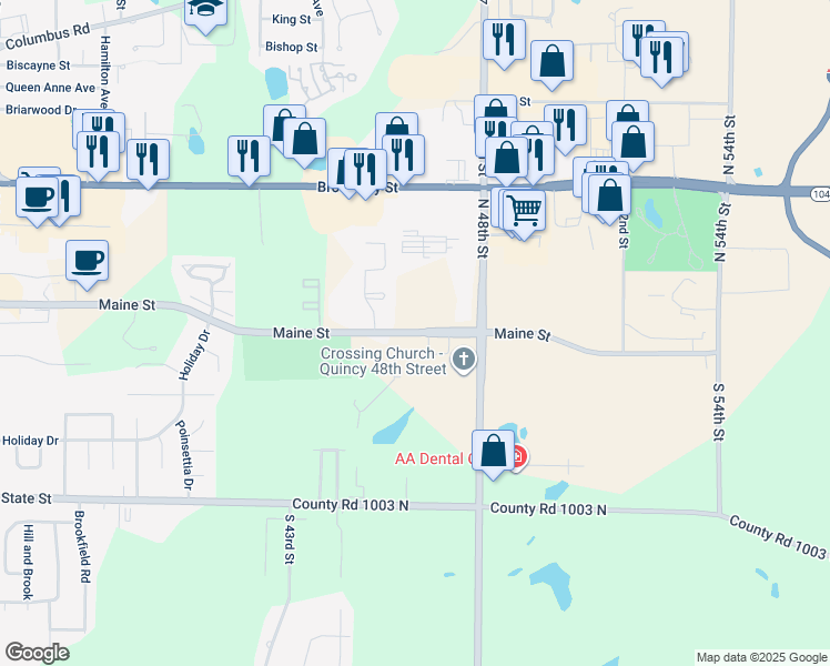 map of restaurants, bars, coffee shops, grocery stores, and more near Maine Street in Quincy