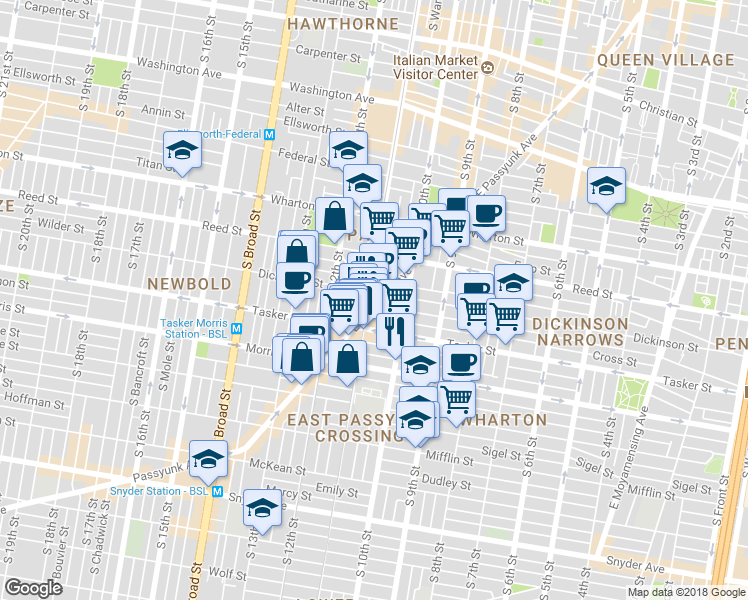 map of restaurants, bars, coffee shops, grocery stores, and more near 1508 East Passyunk Avenue in Philadelphia