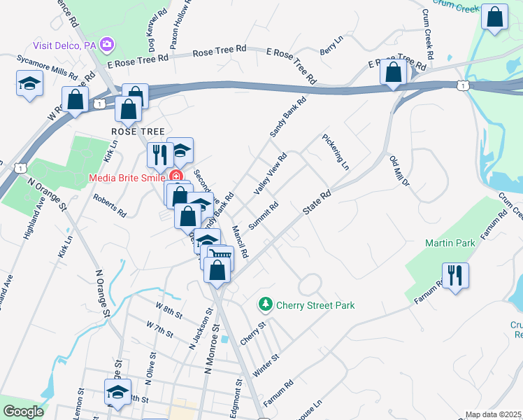 map of restaurants, bars, coffee shops, grocery stores, and more near 210 Summit Road in Media