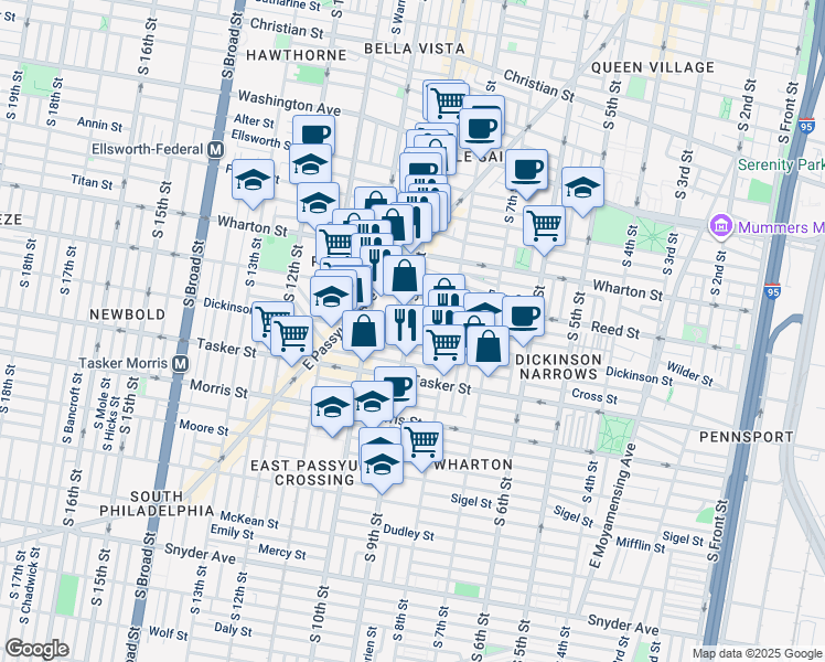 map of restaurants, bars, coffee shops, grocery stores, and more near 1443 South 9th Street in Philadelphia
