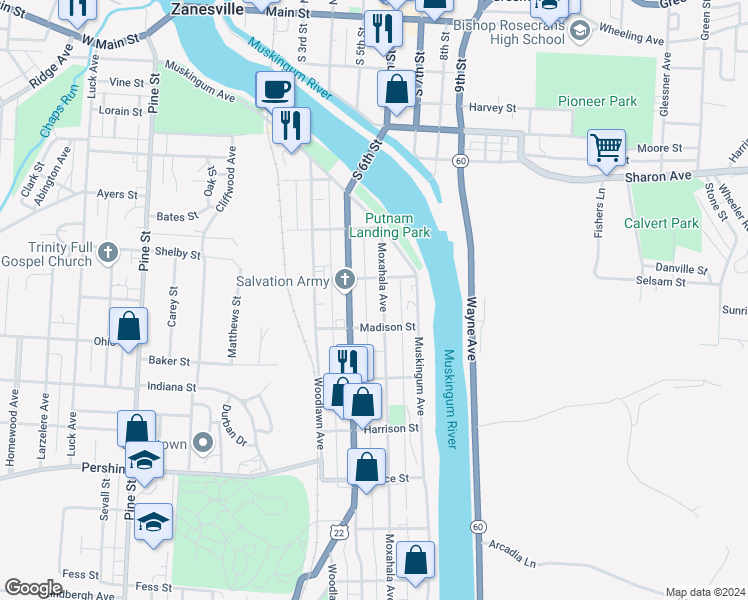 map of restaurants, bars, coffee shops, grocery stores, and more near 527 Moxahala Avenue in Zanesville