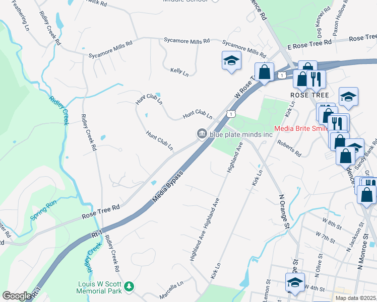map of restaurants, bars, coffee shops, grocery stores, and more near 260 West Rose Tree Road in Media