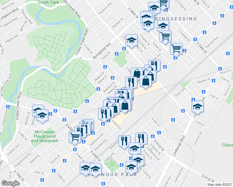 map of restaurants, bars, coffee shops, grocery stores, and more near Greenway Avenue in Philadelphia