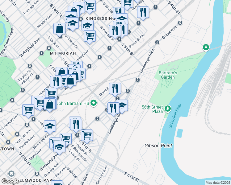 map of restaurants, bars, coffee shops, grocery stores, and more near 2319 South Ithan Street in Philadelphia