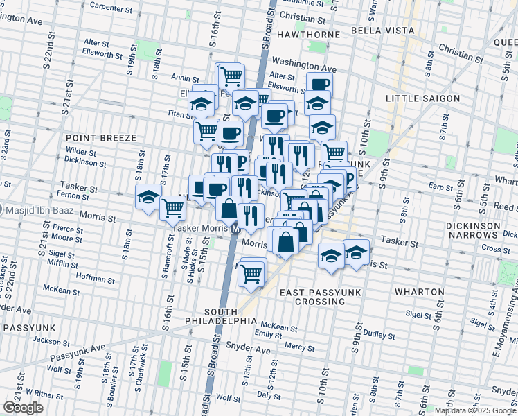 map of restaurants, bars, coffee shops, grocery stores, and more near 1527 South Juniper Street in Philadelphia