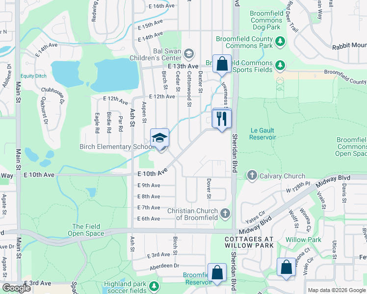 map of restaurants, bars, coffee shops, grocery stores, and more near 1021 Cottonwood Street in Broomfield