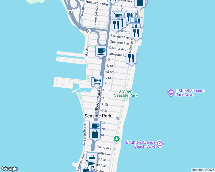 map of restaurants, bars, coffee shops, grocery stores, and more near 59 L Street in Seaside Park