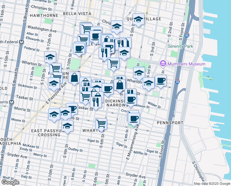 map of restaurants, bars, coffee shops, grocery stores, and more near 525 Gerritt Street in Philadelphia