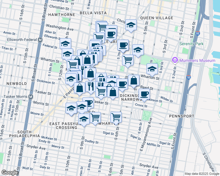 map of restaurants, bars, coffee shops, grocery stores, and more near 1423 South Beulah Street in Philadelphia