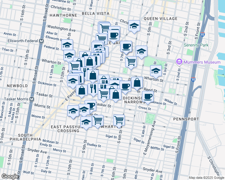 map of restaurants, bars, coffee shops, grocery stores, and more near 1423 South Beulah Street in Philadelphia
