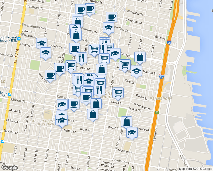 map of restaurants, bars, coffee shops, grocery stores, and more near 523 Gerritt Street in Philadelphia