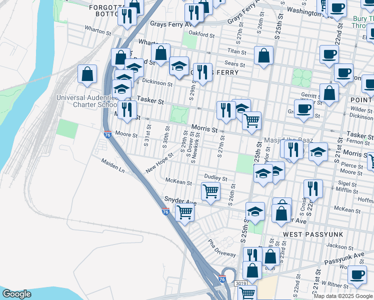 map of restaurants, bars, coffee shops, grocery stores, and more near 1808 South Dover Street in Philadelphia