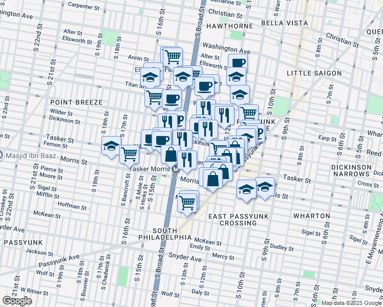 map of restaurants, bars, coffee shops, grocery stores, and more near 1527 South Juniper Street in Philadelphia