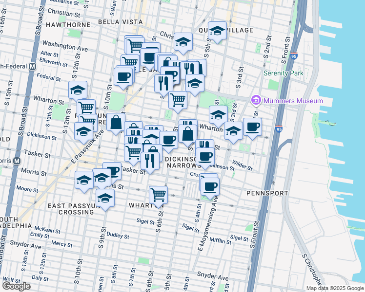 map of restaurants, bars, coffee shops, grocery stores, and more near 521 Gerritt Street in Philadelphia