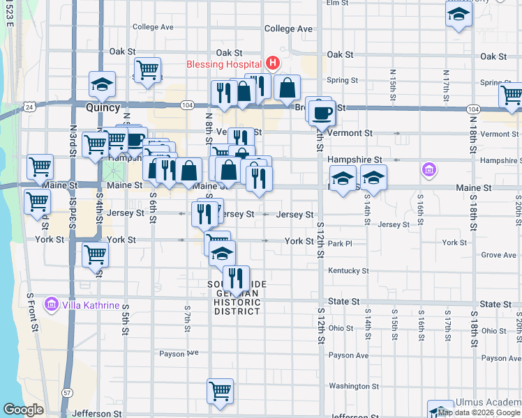 map of restaurants, bars, coffee shops, grocery stores, and more near 1012 Maine Street in Quincy