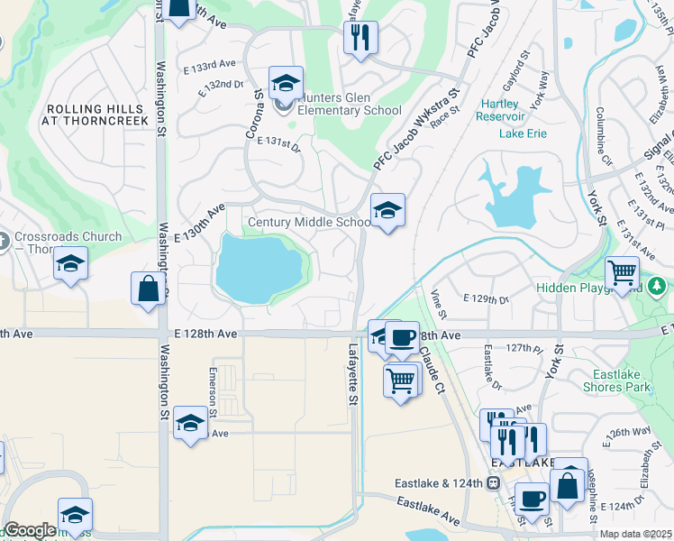 map of restaurants, bars, coffee shops, grocery stores, and more near 12933 Lafayette Street in Thornton