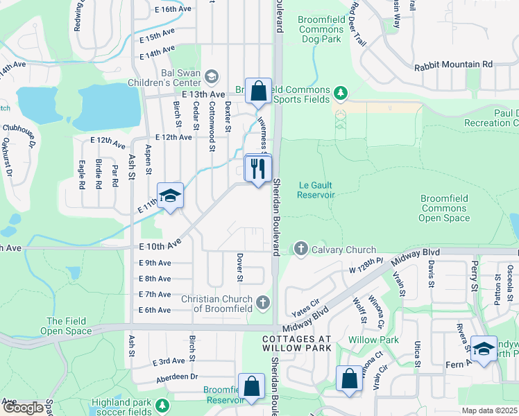 map of restaurants, bars, coffee shops, grocery stores, and more near 1060 East 10th Avenue in Broomfield