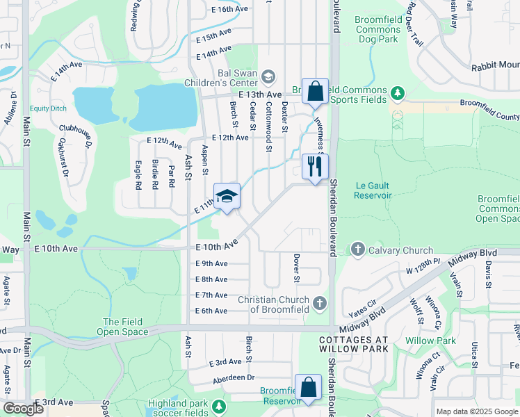 map of restaurants, bars, coffee shops, grocery stores, and more near 1021 Cottonwood Street in Broomfield