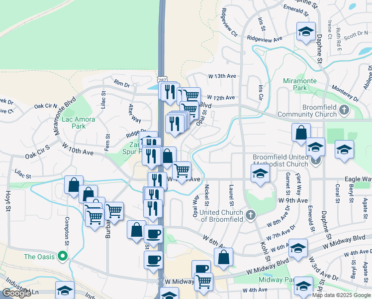 map of restaurants, bars, coffee shops, grocery stores, and more near 1090 Opal Street in Broomfield