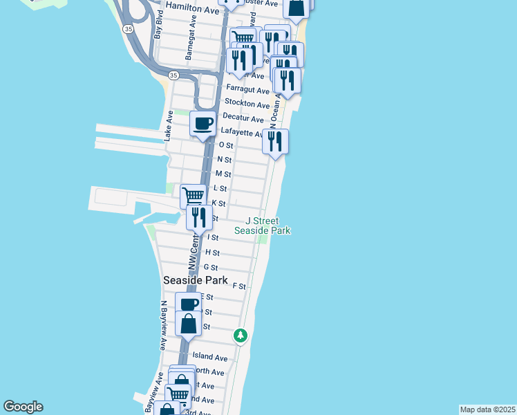 map of restaurants, bars, coffee shops, grocery stores, and more near 1113 North Ocean Avenue in Seaside Park