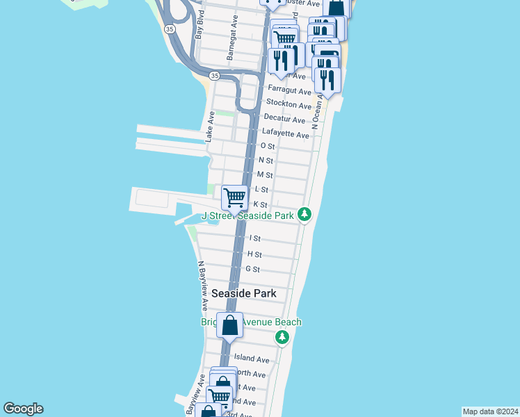 map of restaurants, bars, coffee shops, grocery stores, and more near 59 L Street in Seaside Park