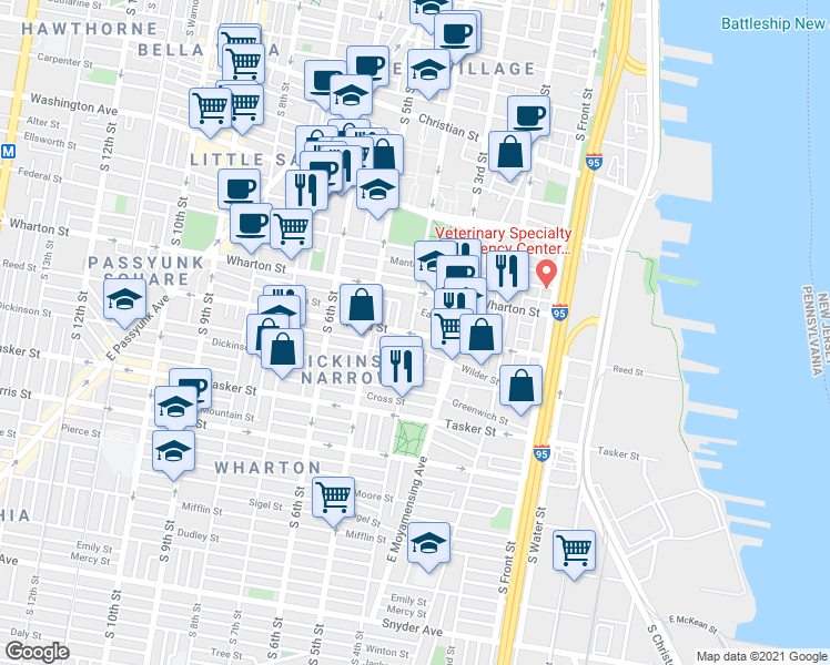 map of restaurants, bars, coffee shops, grocery stores, and more near 1318 South 4th Street in Philadelphia