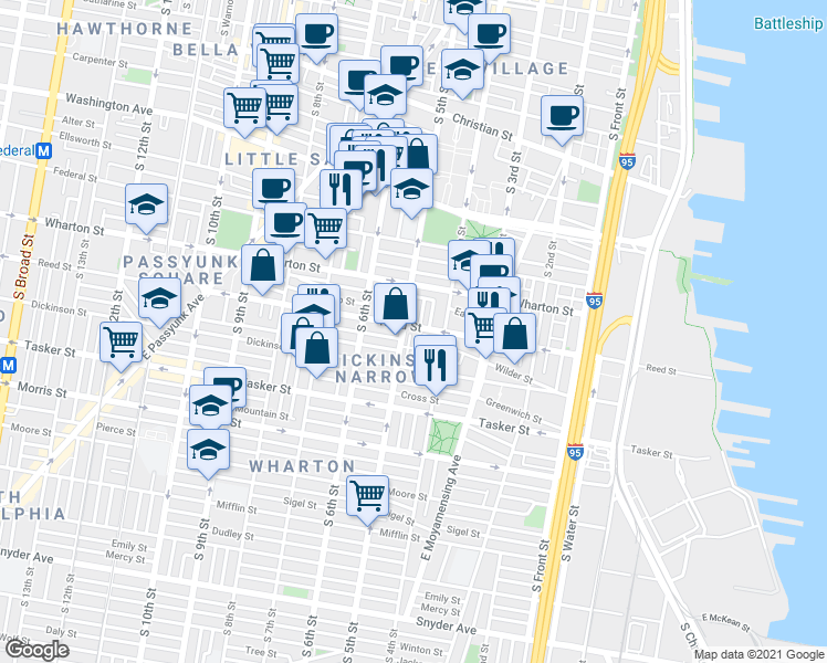 map of restaurants, bars, coffee shops, grocery stores, and more near 1321 South 5th Street in Philadelphia