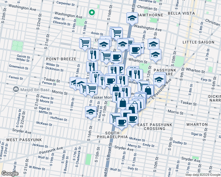 map of restaurants, bars, coffee shops, grocery stores, and more near 1431 Tasker Street in Philadelphia