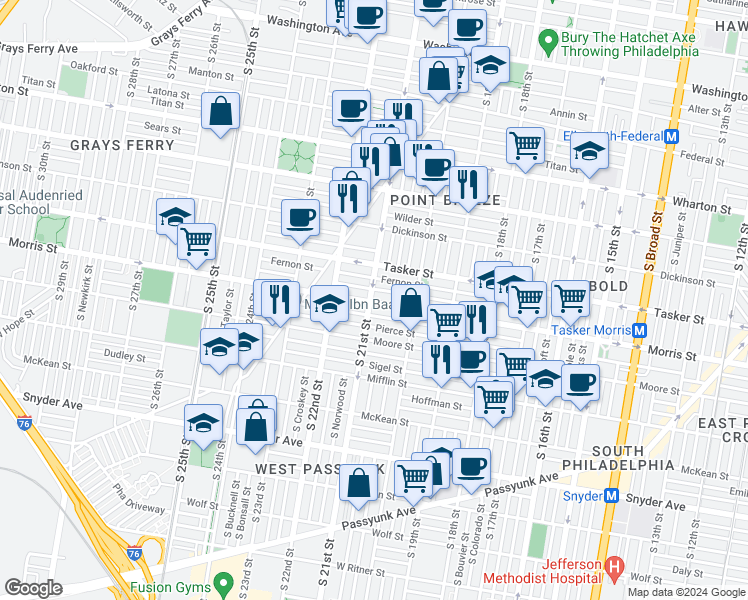map of restaurants, bars, coffee shops, grocery stores, and more near in Philadelphia