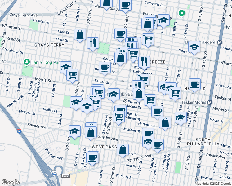 map of restaurants, bars, coffee shops, grocery stores, and more near 1621 South 22nd Street in Philadelphia