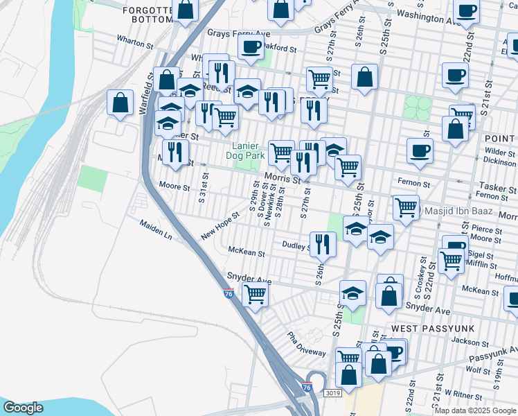 map of restaurants, bars, coffee shops, grocery stores, and more near 1808 South Dover Street in Philadelphia