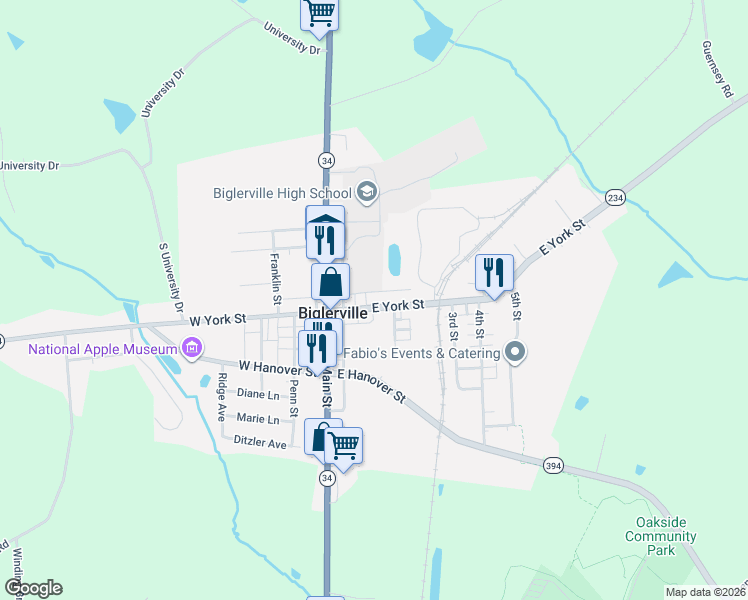 map of restaurants, bars, coffee shops, grocery stores, and more near 55 North Main Street in Biglerville