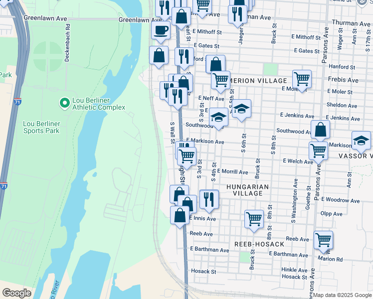 map of restaurants, bars, coffee shops, grocery stores, and more near 30 East Markison Avenue in Columbus