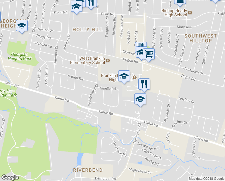 map of restaurants, bars, coffee shops, grocery stores, and more near 3654 Arnelle Road in Columbus