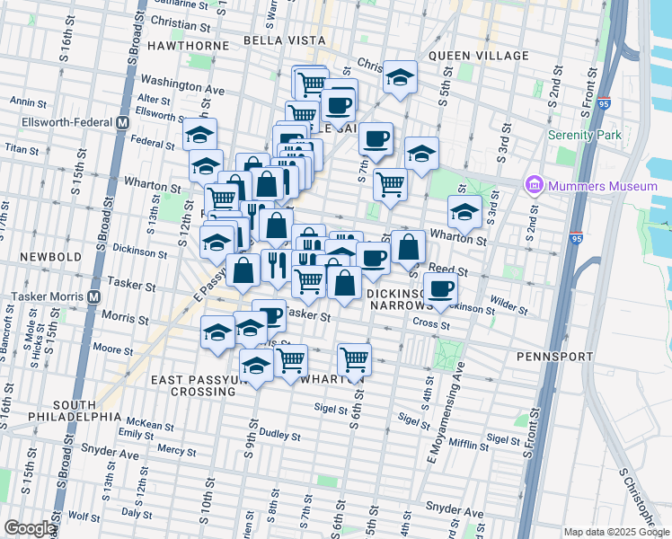 map of restaurants, bars, coffee shops, grocery stores, and more near 1421 South Beulah Street in Philadelphia