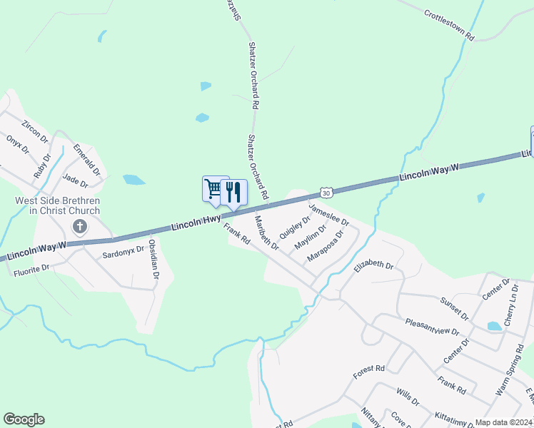 map of restaurants, bars, coffee shops, grocery stores, and more near 2046 Lincoln Way West in Chambersburg