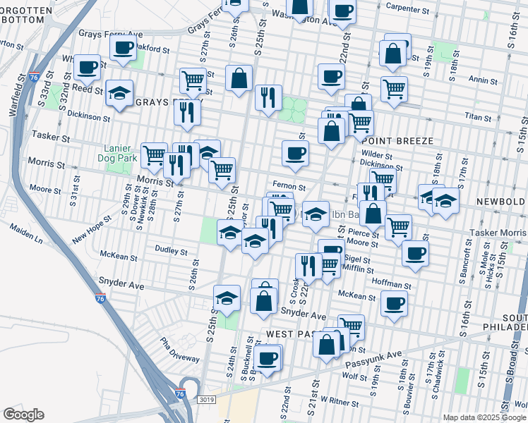 map of restaurants, bars, coffee shops, grocery stores, and more near 2356 Watkins Street in Philadelphia