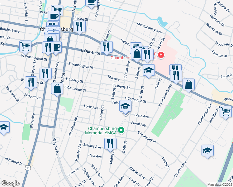 map of restaurants, bars, coffee shops, grocery stores, and more near 509 East Catherine Street in Chambersburg