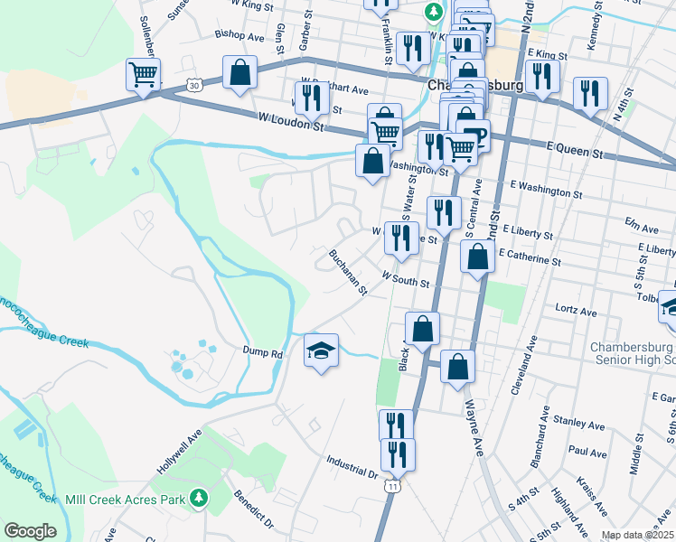 map of restaurants, bars, coffee shops, grocery stores, and more near 63 Redwood Street in Chambersburg