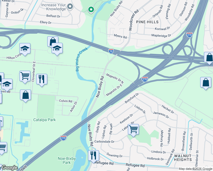 map of restaurants, bars, coffee shops, grocery stores, and more near 4929 Majestic Drive North in Columbus