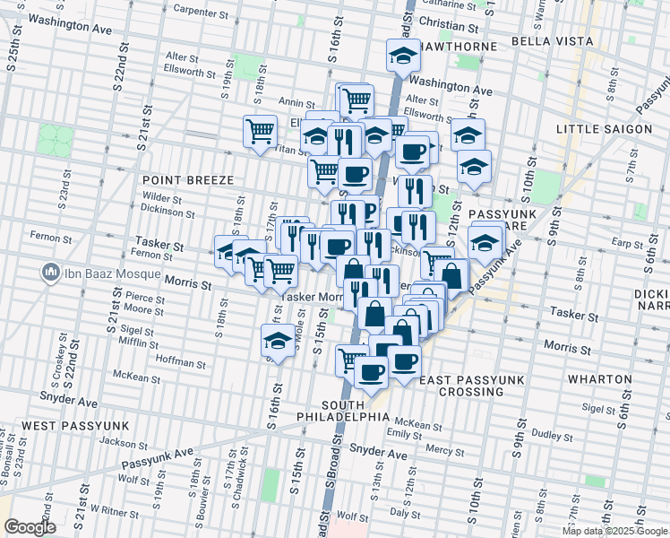 map of restaurants, bars, coffee shops, grocery stores, and more near 1441 Tasker Street in Philadelphia
