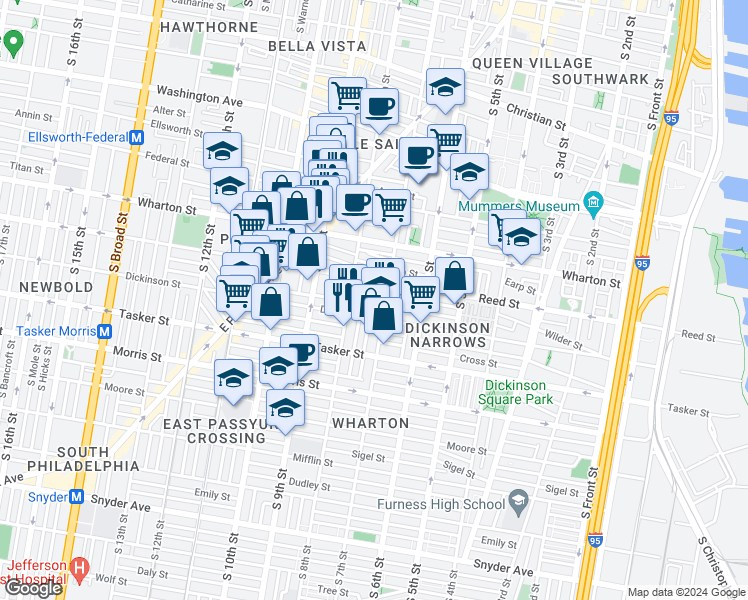 map of restaurants, bars, coffee shops, grocery stores, and more near 1421 South Beulah Street in Philadelphia