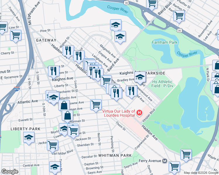 map of restaurants, bars, coffee shops, grocery stores, and more near 1341 Princess Avenue in Camden