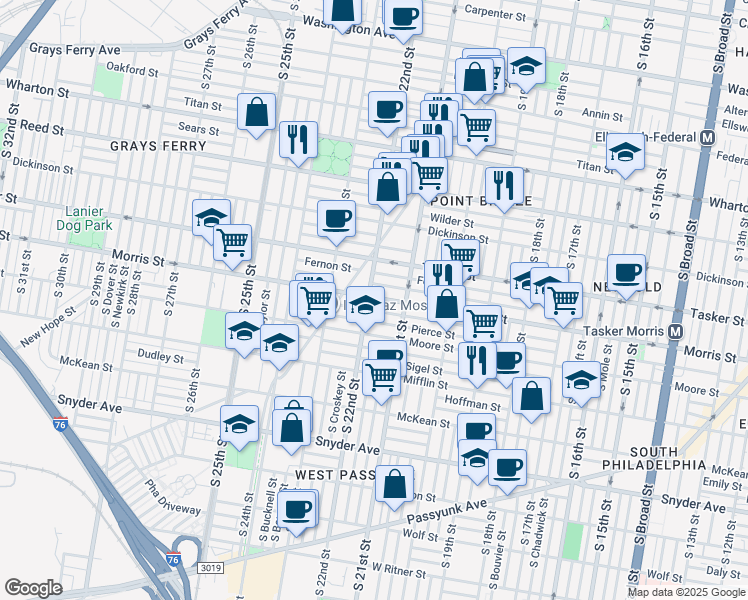 map of restaurants, bars, coffee shops, grocery stores, and more near 1621 South 22nd Street in Philadelphia