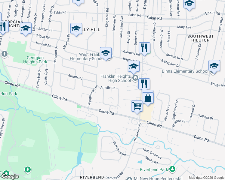 map of restaurants, bars, coffee shops, grocery stores, and more near 3654 Arnelle Road in Columbus