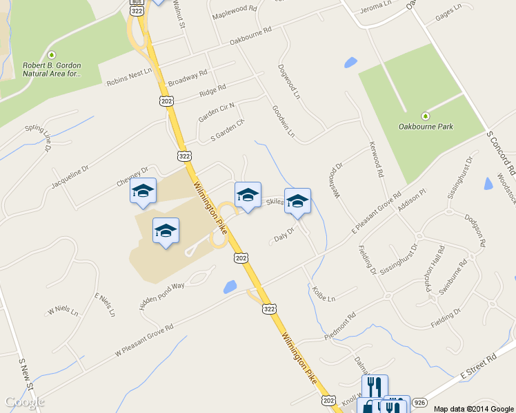 map of restaurants, bars, coffee shops, grocery stores, and more near 1404 Skiles Boulevard in West Chester