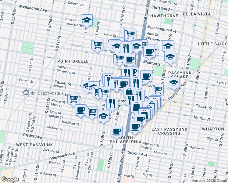 map of restaurants, bars, coffee shops, grocery stores, and more near South Mole Street in Philadelphia